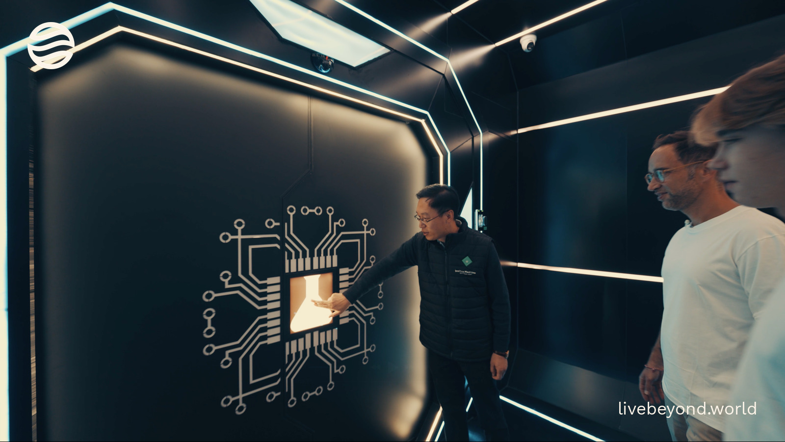 Zhihu Qu opening a glowing door marked with a microchip, with Marek and Alek beside him, in a dark futuristic corridor.
