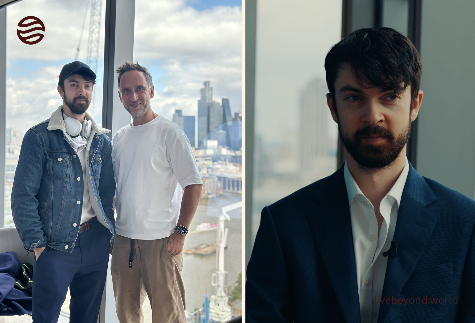 Two photos side by side: Marek and Oliver standing by a window over London, and Oliver in a navy jacket during the interview.