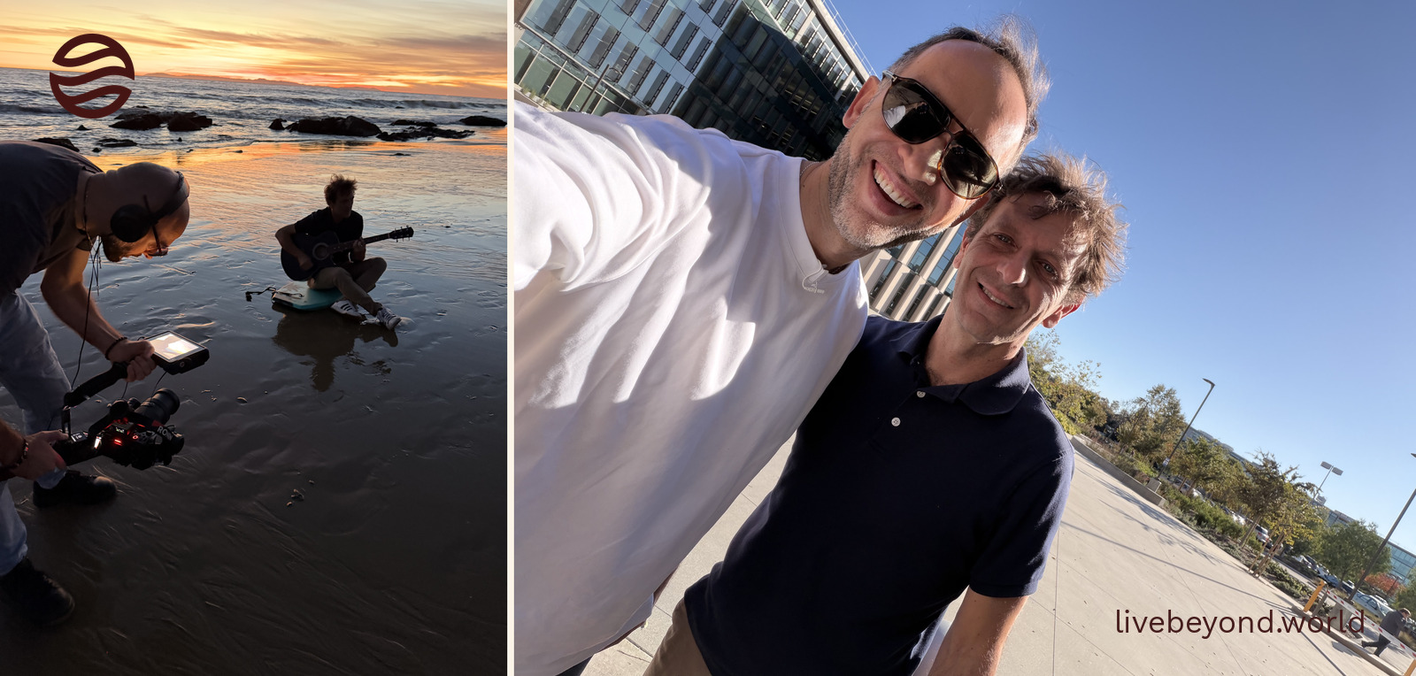 Left: a man playing guitar on a wet beach at sunset while a cameraman films. Right: Marek and Vittorio Sebastiano together at UC Irvine.