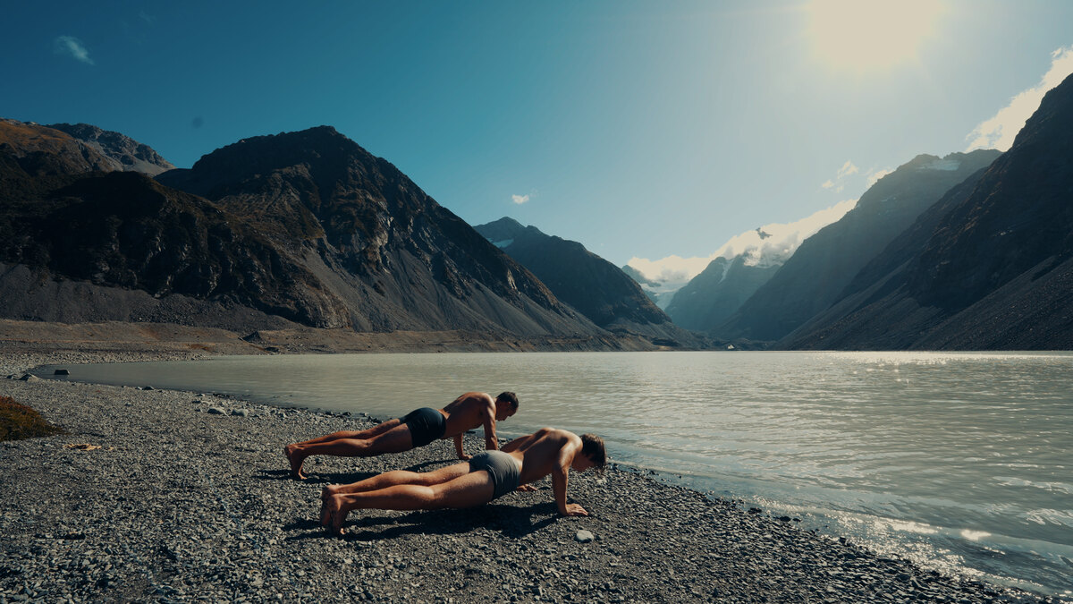 Marek and Alek by a glacier lake, New Zealand