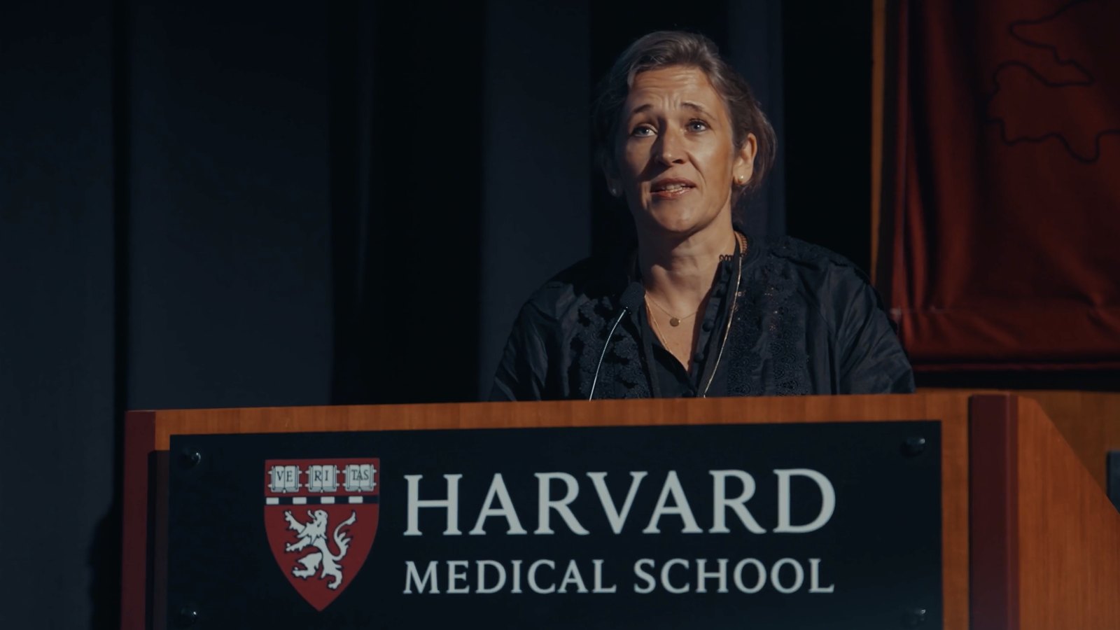 Andrea Maier speaking on stage at the Biomarkers of Aging conference, Harvard 2024