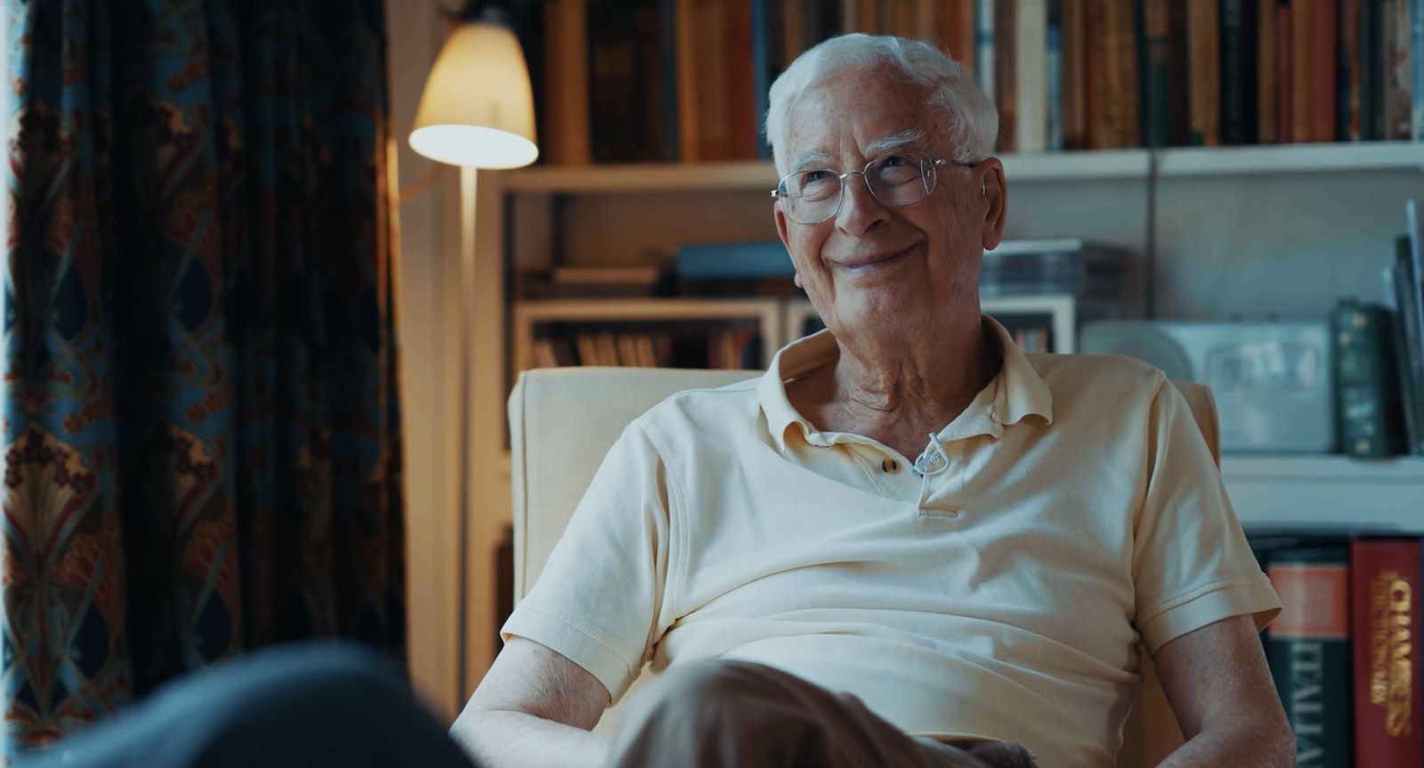 Sir Christopher Ball smiling during the Live Beyond interview at his home in Oxford