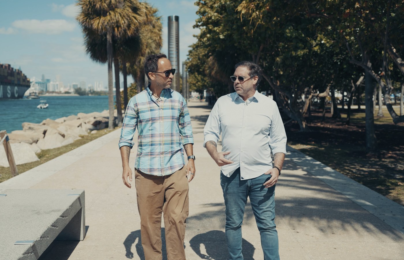 Ian White and Marek Piotrowski walking the Miami waterfront