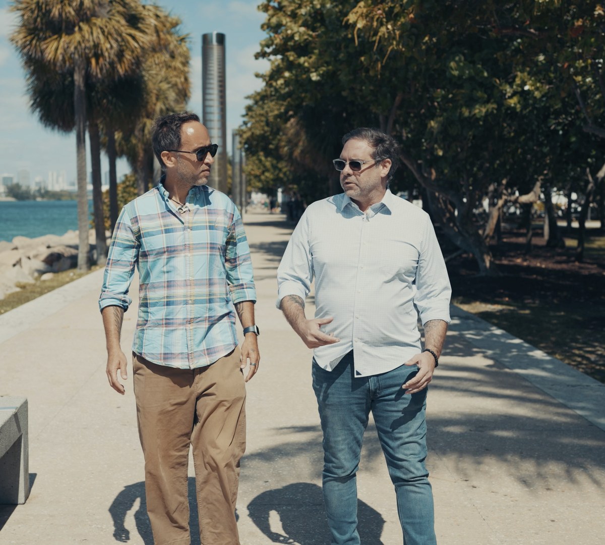 Ian White walking with Marek Piotrowski in Miami