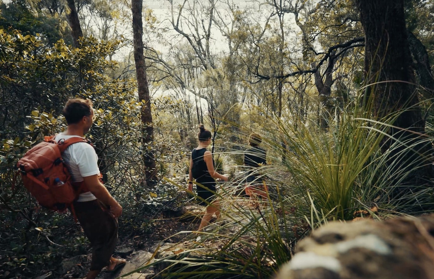 Katia Dowling walking in the bush with Marek and Aleksander