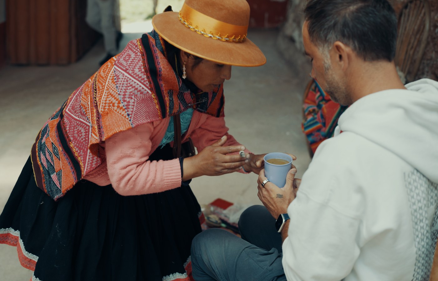 Maestra Lucia serving the San Pedro medicine to Marek near Cusco