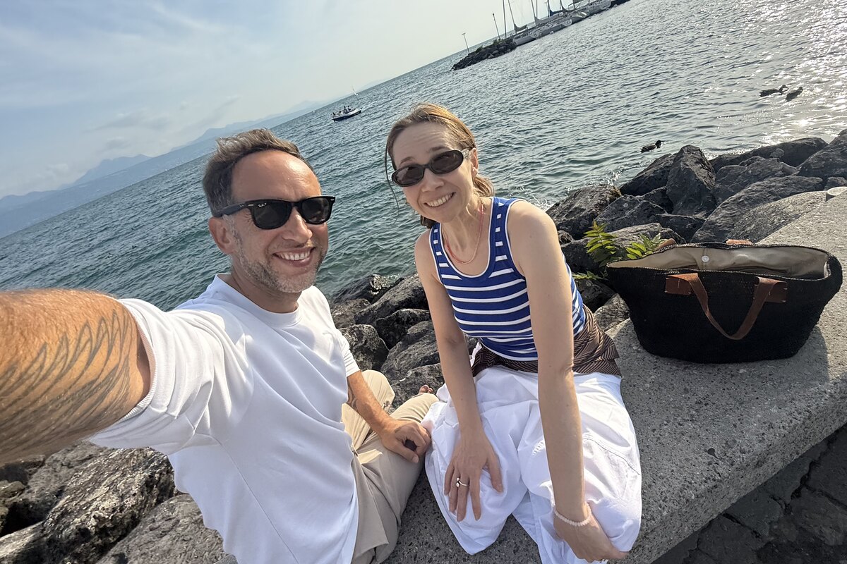Margot Hiller with Marek by the lake in Switzerland