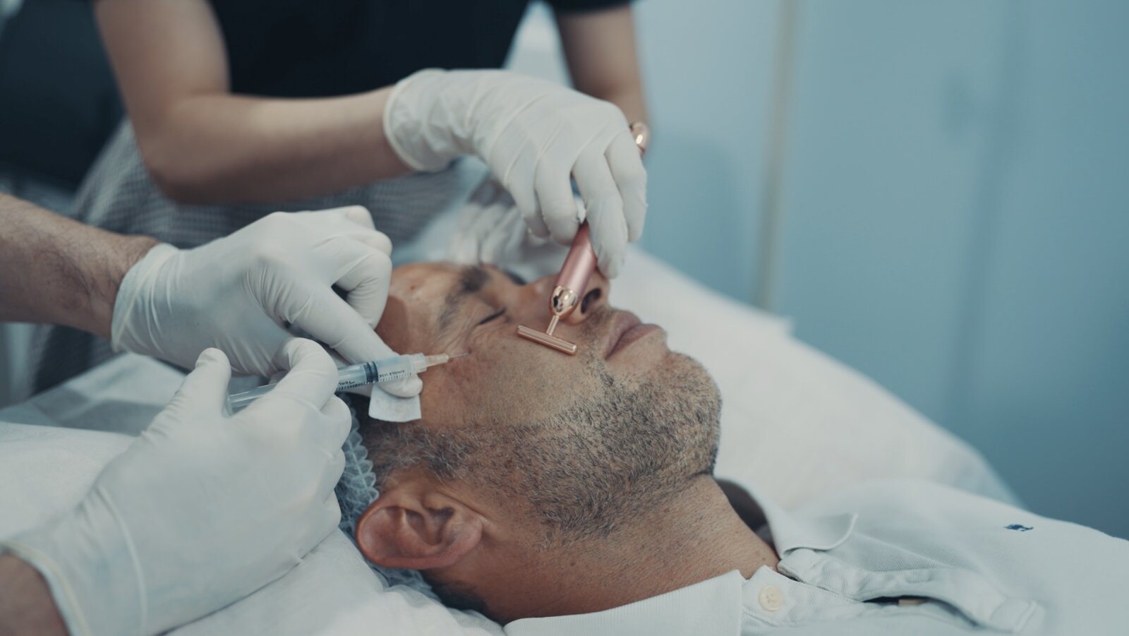 Marek receiving a stem-cell facial treatment at Dr Lim&rsquo;s clinic