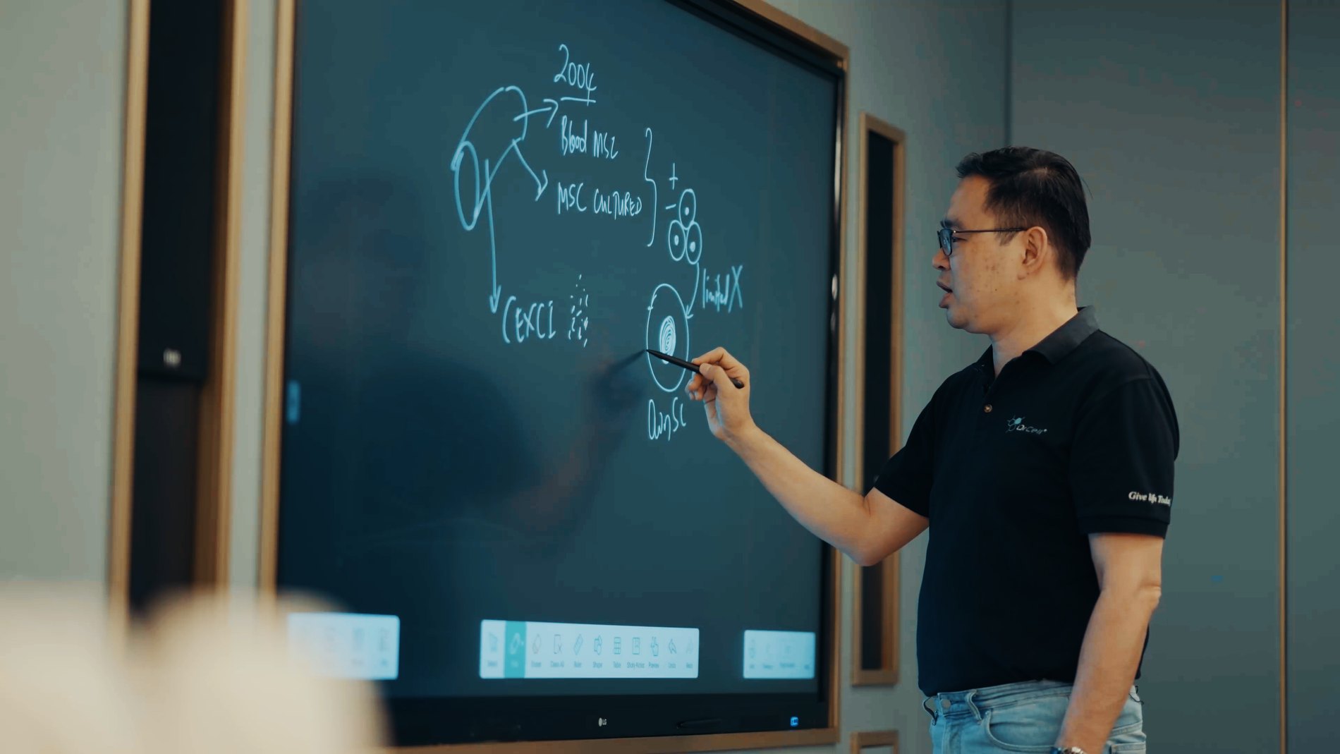Michael Lim explaining mesenchymal stem cell activation on a whiteboard