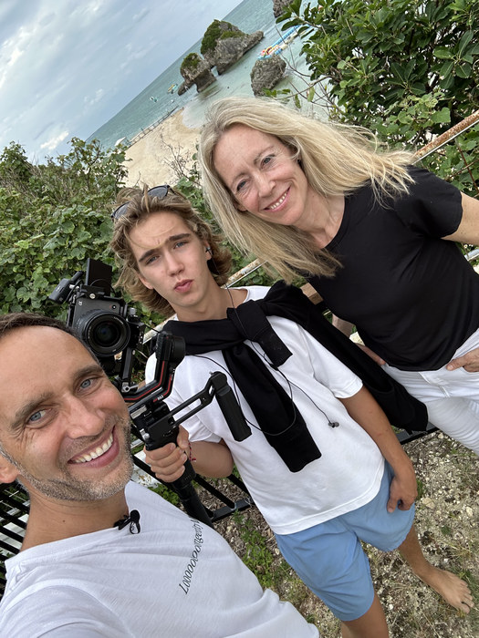 Marek and Aleksander Piotrowski with Tina Woods and the camera rig on the beach in Okinawa