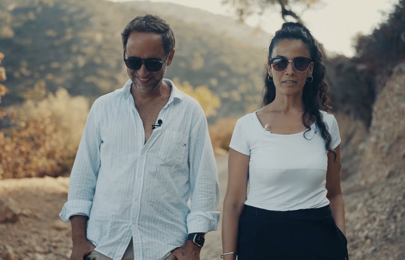 Paola Demurtas walking with Marek through the Sardinian hills
