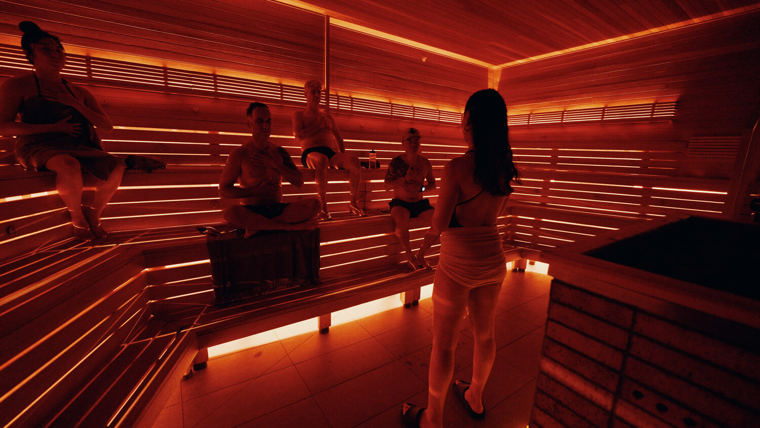 Marek meditating in the sauna at Othership, Toronto, with Ron