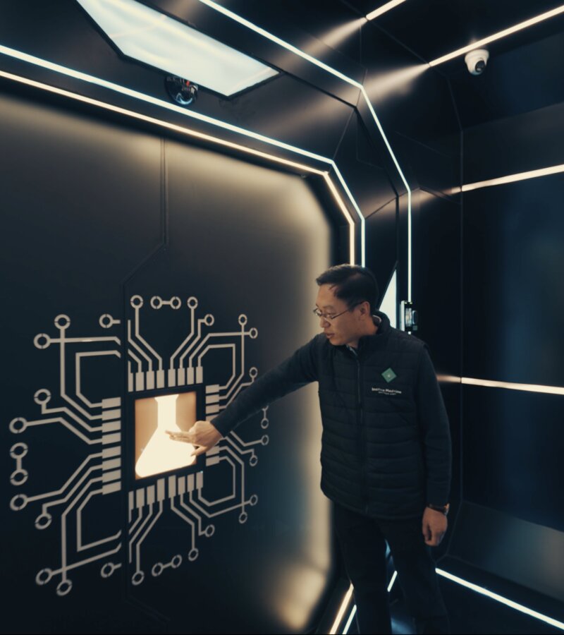 Marek, Alek and Zhihu Qu at the Insilico AI robotic lab, Shanghai